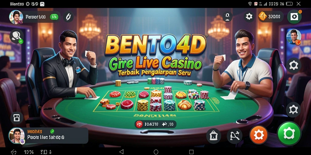 Screenshot gameplay BENTO4D menampilkan dealer profesional dan suasana kasino yang menawan.