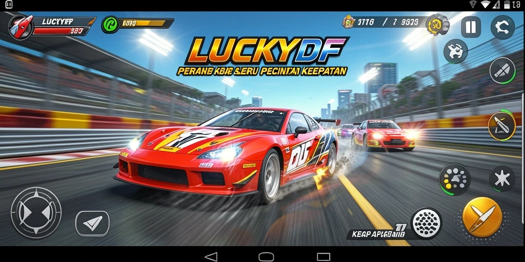 Tampilan seru gameplay LUCKYDF dengan kendaraan balap yang melaju kencang.