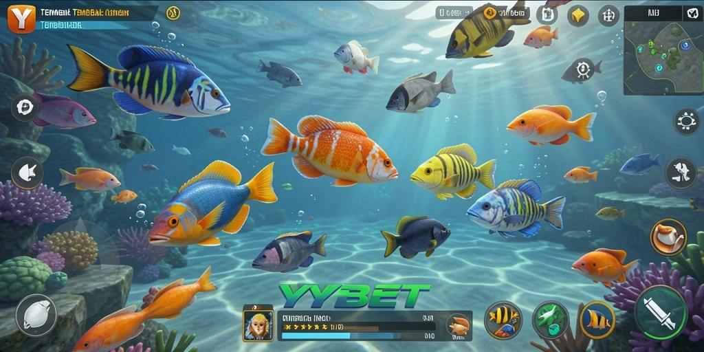 Gameplay seru dalam Tembak Ikan YYBET dengan berbagai ikan berwarna-warni.